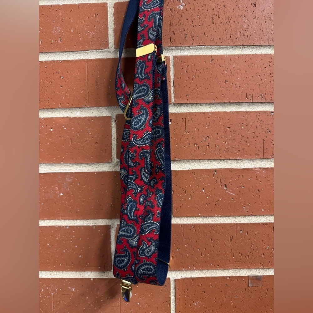 Vintage Paisley Suspenders Red & Navy Adjustable with Gold Clips